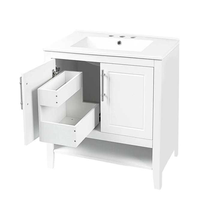 30' Bathroom Vanity with Sink, Multi-functional Bathroom Cabinet with Doors and Drawers, Solid Frame and MDF Board, White Default -DTYStore