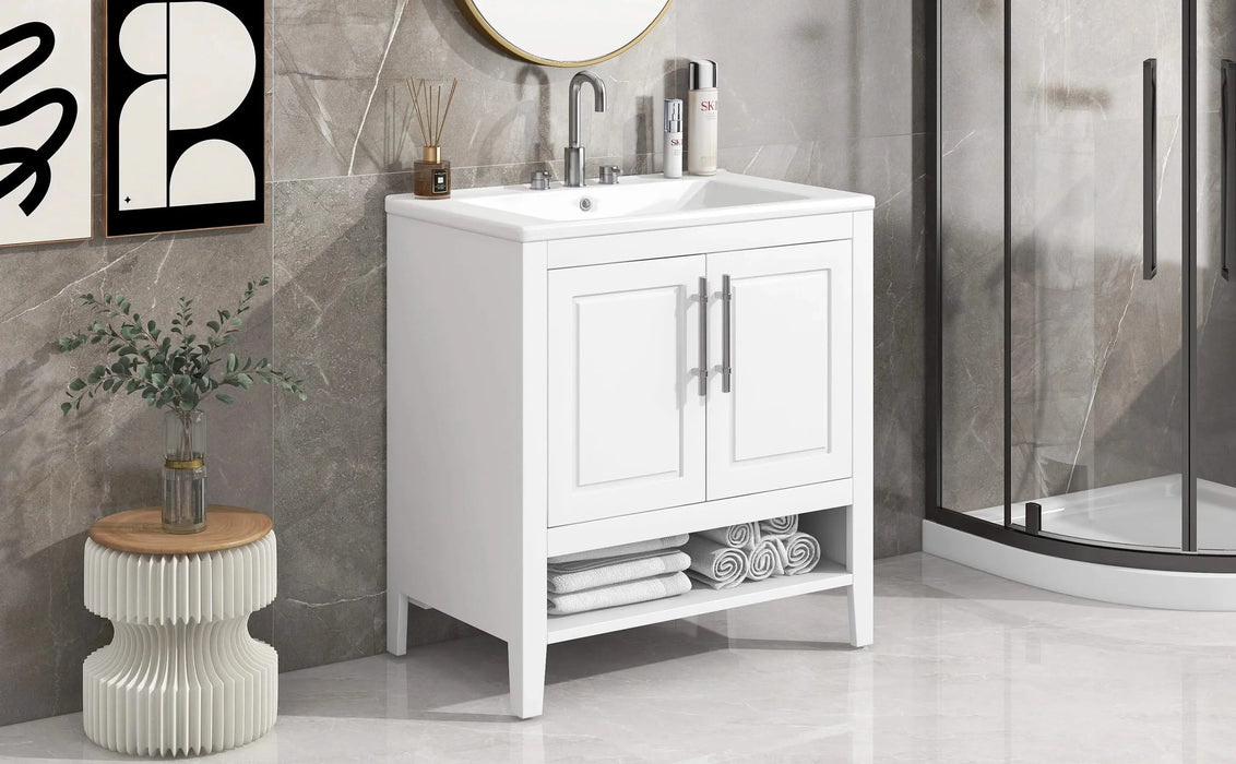 30' Bathroom Vanity with Sink, Multi-functional Bathroom Cabinet with Doors and Drawers, Solid Frame and MDF Board, White Default -DTYStore