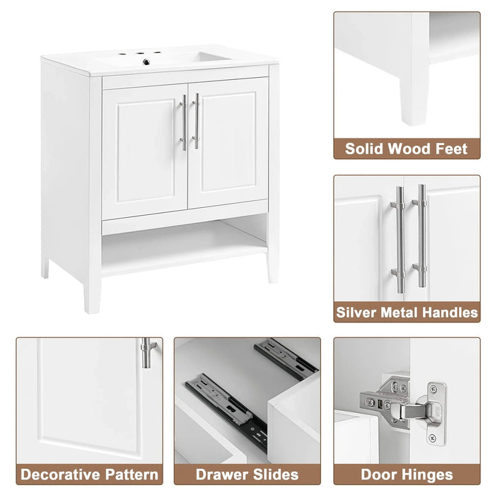 30' Bathroom Vanity with Sink, Multi-functional Bathroom Cabinet with Doors and Drawers, Solid Frame and MDF Board, White Default -DTYStore