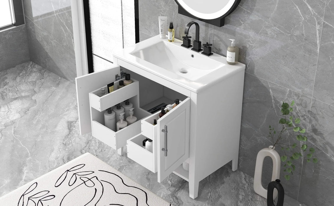 30' Bathroom Vanity with Sink, Multi-functional Bathroom Cabinet with Doors and Drawers, Solid Frame and MDF Board, White Default -DTYStore