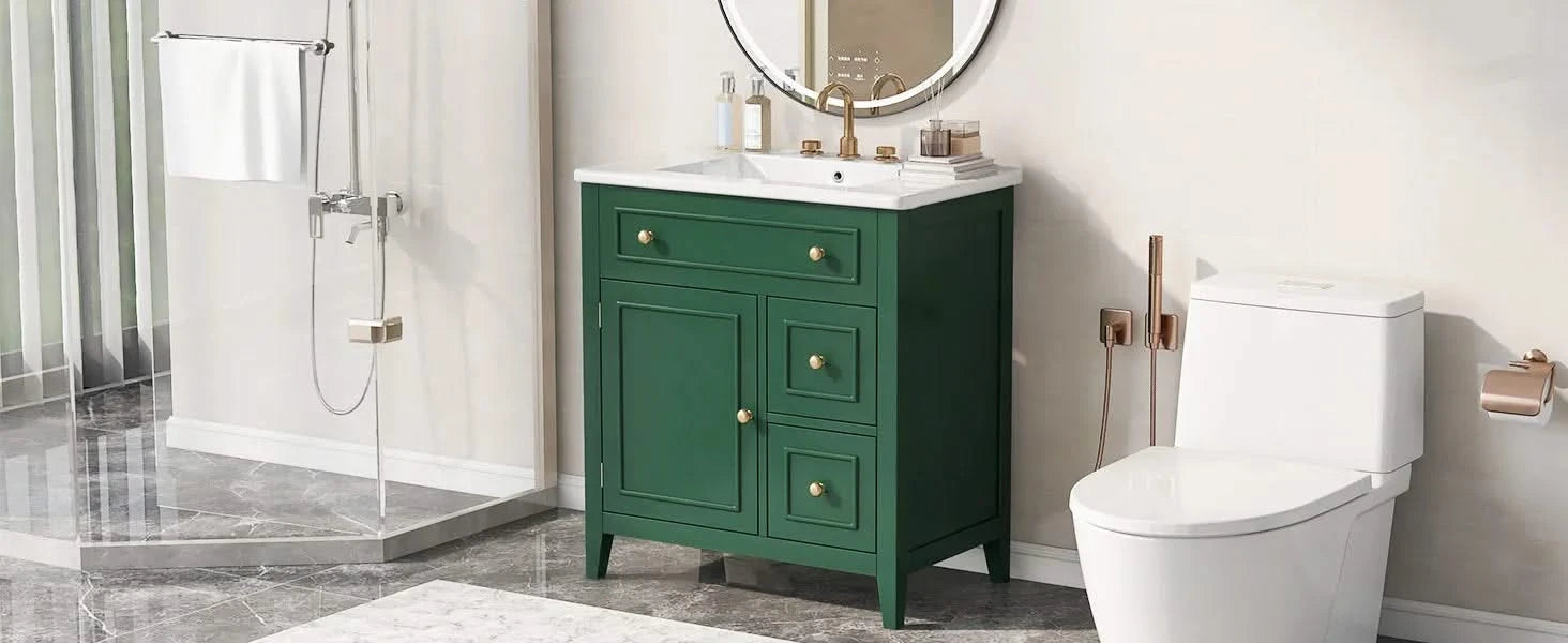 30' Bathroom Vanity with Sink Top, Bathroom Vanity Cabinet with Door and Two Drawers, Solid Wood Frame, One Package, Green (Old Sku:WF311620AAG) Default -DTYStore