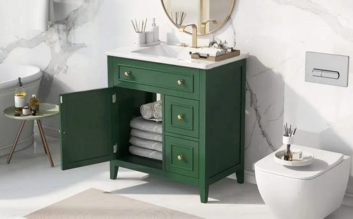 30' Bathroom Vanity with Sink Top, Bathroom Vanity Cabinet with Door and Two Drawers, Solid Wood Frame, One Package, Green (Old Sku:WF311620AAG) Default -DTYStore