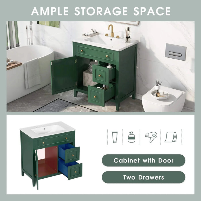 30' Bathroom Vanity with Sink Top, Bathroom Vanity Cabinet with Door and Two Drawers, Solid Wood Frame, One Package, Green (Old Sku:WF311620AAG) Default -DTYStore