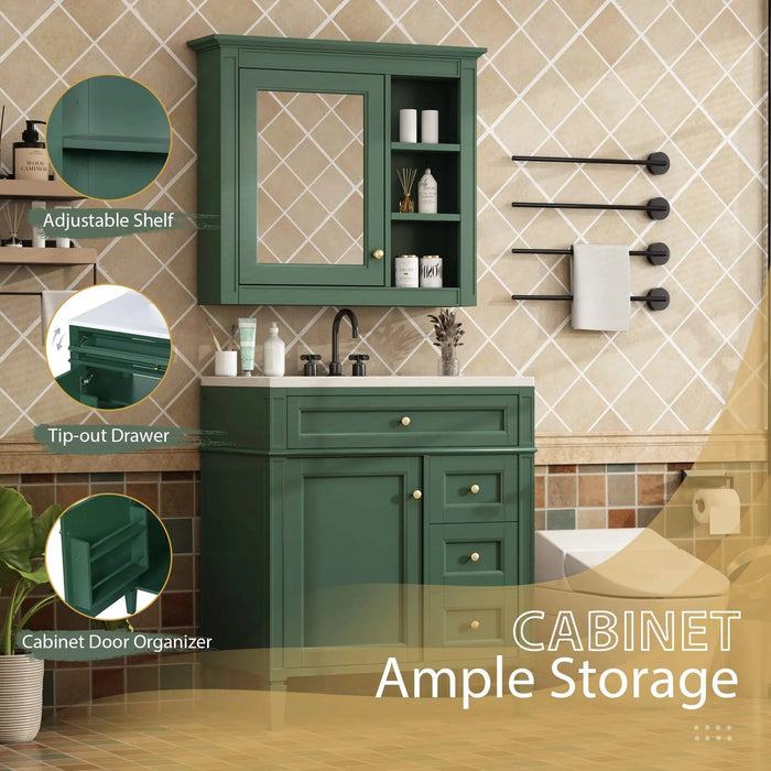 30'' Bathroom Vanity with Top Sink, Modern Bathroom Storage Cabinet with 2 Drawers and a Tip-out Drawer, Freestanding Vanity Set with Mirror Cabinet, Single Sink Bathroom Vanity Default -DTYStore