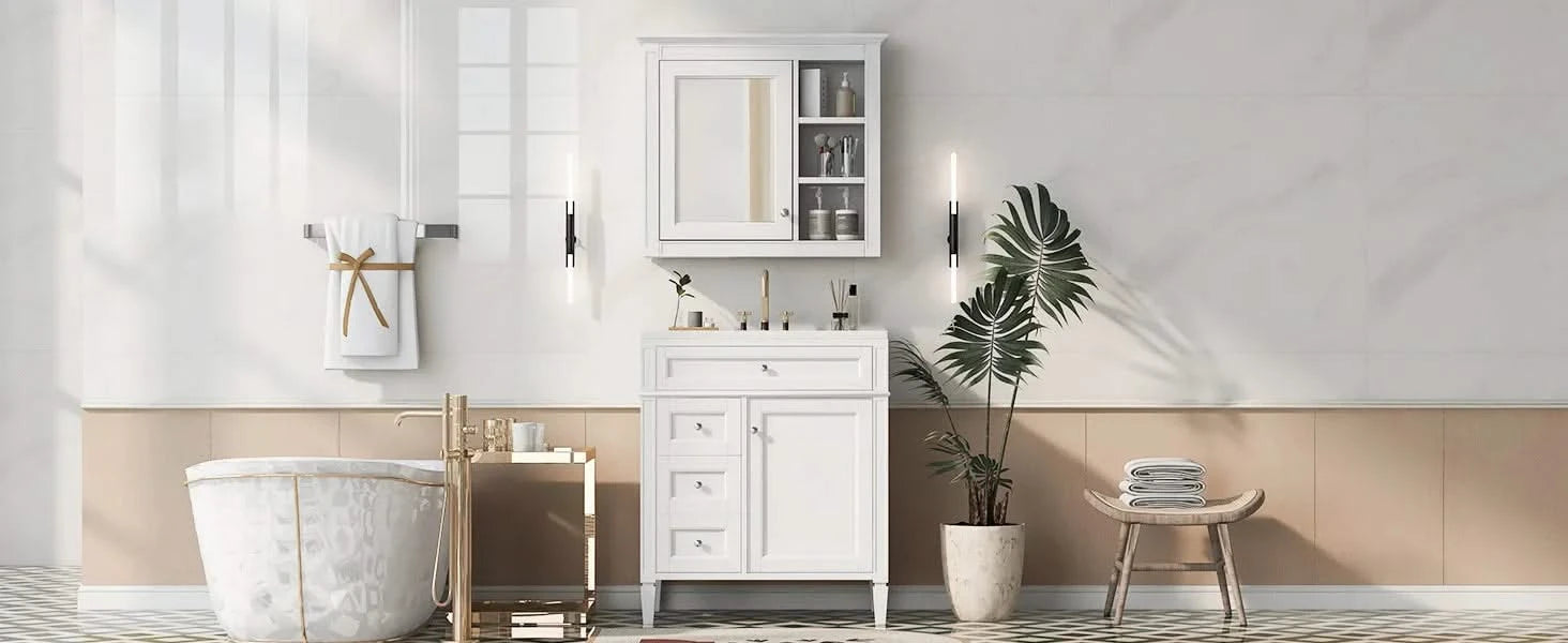 30'' Bathroom Vanity with Top Sink, Modern Bathroom Storage Cabinet with 2 Drawers and a Tip-out Drawer, Freestanding Vanity Set with Mirror Cabinet, Single Sink Bathroom Vanity Default -DTYStore