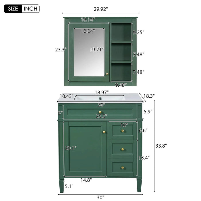 30'' Bathroom Vanity with Top Sink, Modern Bathroom Storage Cabinet with 2 Drawers and a Tip-out Drawer, Freestanding Vanity Set with Mirror Cabinet, Single Sink Bathroom Vanity Default -DTYStore