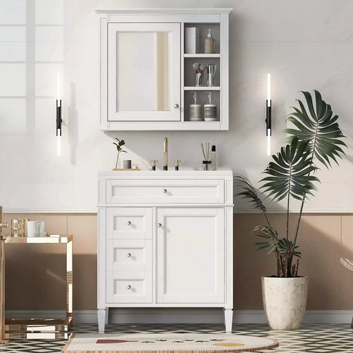 30'' Bathroom Vanity with Top Sink, Modern Bathroom Storage Cabinet with 2 Drawers and a Tip-out Drawer, Freestanding Vanity Set with Mirror Cabinet, Single Sink Bathroom Vanity Default -DTYStore