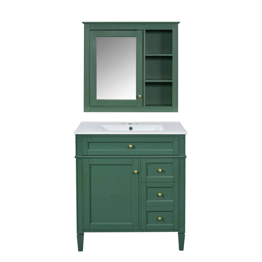 30'' Bathroom Vanity with Top Sink, Modern Bathroom Storage Cabinet with 2 Drawers and a Tip-out Drawer, Freestanding Vanity Set with Mirror Cabinet, Single Sink Bathroom Vanity Default -DTYStore