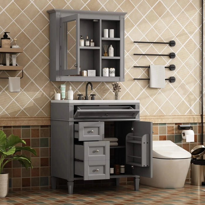 30'' Bathroom Vanity with Top Sink, Modern Bathroom Storage Cabinet with 2 Drawers and a Tip-out Drawer, Freestanding Vanity Set with Mirror Cabinet, Single Sink Bathroom Vanity Default -DTYStore