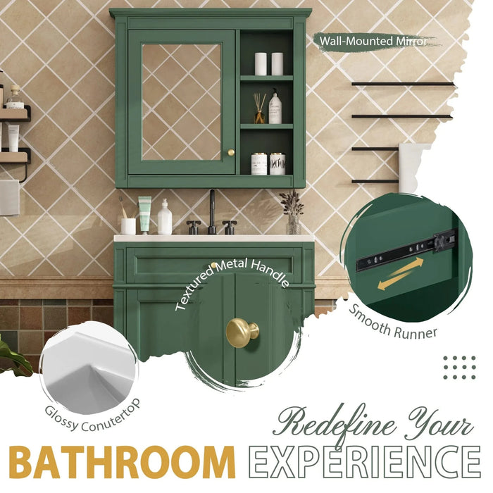 30'' Bathroom Vanity with Top Sink, Modern Bathroom Storage Cabinet with 2 Drawers and a Tip-out Drawer, Freestanding Vanity Set with Mirror Cabinet, Single Sink Bathroom Vanity Default -DTYStore