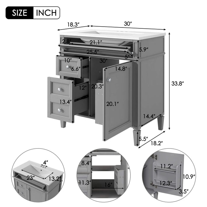 30'' Bathroom Vanity with Top Sink, Modern Bathroom Storage Cabinet with 2 Drawers and a Tip-out Drawer, Freestanding Vanity Set with Mirror Cabinet, Single Sink Bathroom Vanity Default -DTYStore