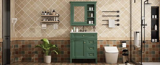 30'' Bathroom Vanity with Top Sink, Modern Bathroom Storage Cabinet with 2 Drawers and a Tip-out Drawer, Freestanding Vanity Set with Mirror Cabinet, Single Sink Bathroom Vanity Default -DTYStore