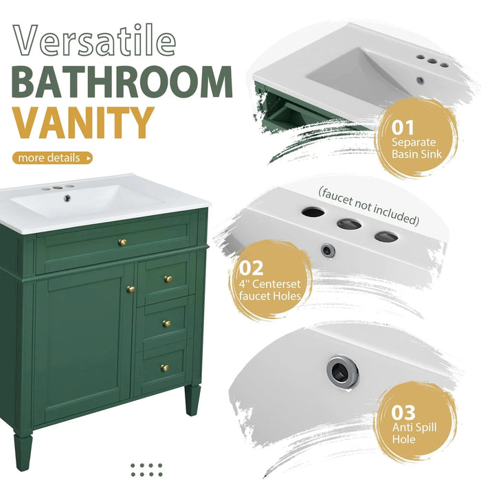 30'' Bathroom Vanity with Top Sink, Modern Bathroom Storage Cabinet with 2 Drawers and a Tip-out Drawer, Freestanding Vanity Set with Mirror Cabinet, Single Sink Bathroom Vanity Default -DTYStore