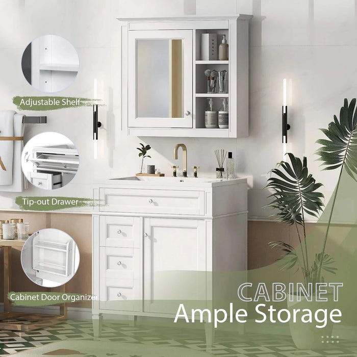 30'' Bathroom Vanity with Top Sink, Modern Bathroom Storage Cabinet with 2 Drawers and a Tip-out Drawer, Freestanding Vanity Set with Mirror Cabinet, Single Sink Bathroom Vanity Default -DTYStore