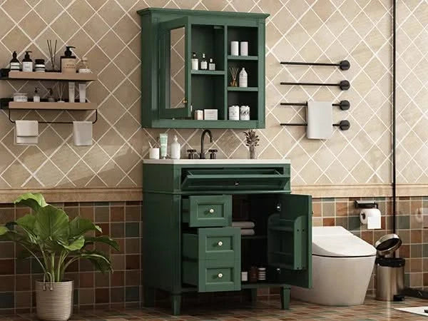 30'' Bathroom Vanity with Top Sink, Modern Bathroom Storage Cabinet with 2 Drawers and a Tip-out Drawer, Freestanding Vanity Set with Mirror Cabinet, Single Sink Bathroom Vanity (Same as SW000126AAF) Default -DTYStore