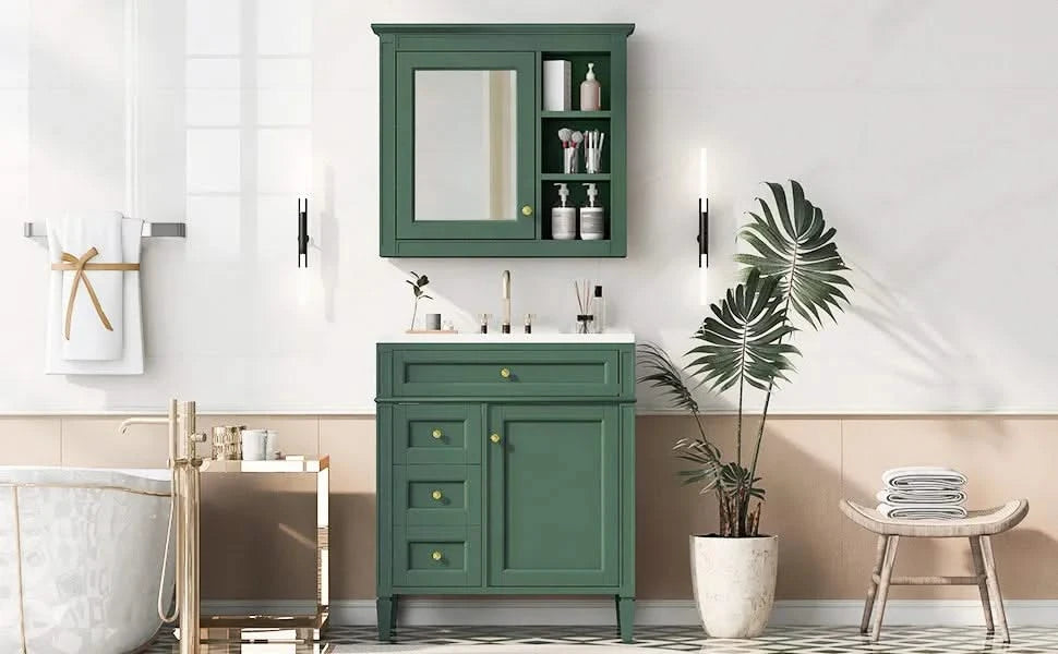 30'' Bathroom Vanity with Top Sink, Modern Bathroom Storage Cabinet with 2 Drawers and a Tip-out Drawer, Freestanding Vanity Set with Mirror Cabinet, Single Sink Bathroom Vanity (Same as SW000126AAF) Default -DTYStore