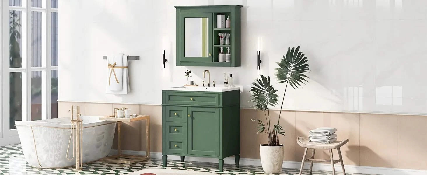 30'' Bathroom Vanity with Top Sink, Modern Bathroom Storage Cabinet with 2 Drawers and a Tip-out Drawer, Freestanding Vanity Set with Mirror Cabinet, Single Sink Bathroom Vanity (Same as SW000126AAF) Default -DTYStore