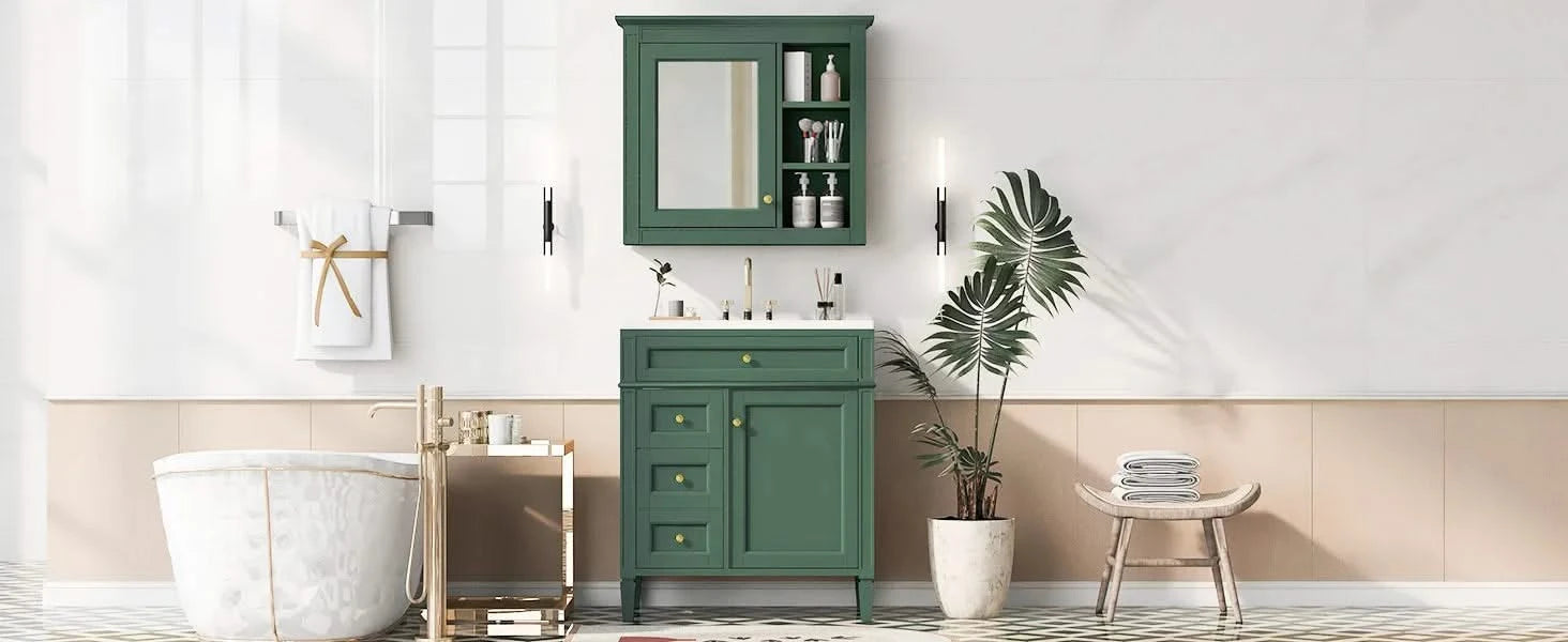 30'' Bathroom Vanity with Top Sink, Modern Bathroom Storage Cabinet with 2 Drawers and a Tip-out Drawer, Freestanding Vanity Set with Mirror Cabinet, Single Sink Bathroom Vanity (Same as SW000126AAF) Default -DTYStore