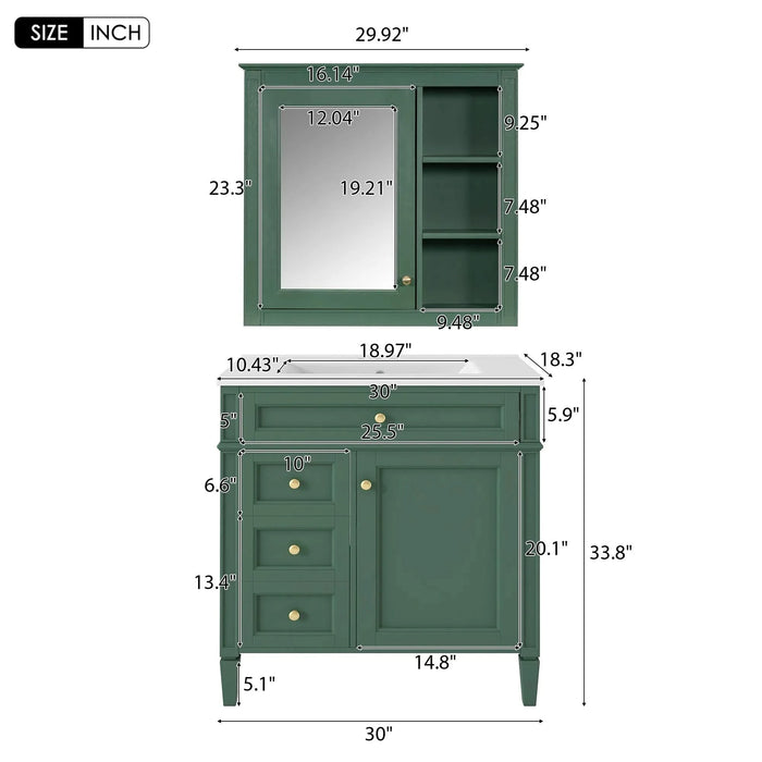 30'' Bathroom Vanity with Top Sink, Modern Bathroom Storage Cabinet with 2 Drawers and a Tip-out Drawer, Freestanding Vanity Set with Mirror Cabinet, Single Sink Bathroom Vanity (Same as SW000126AAF) Default -DTYStore