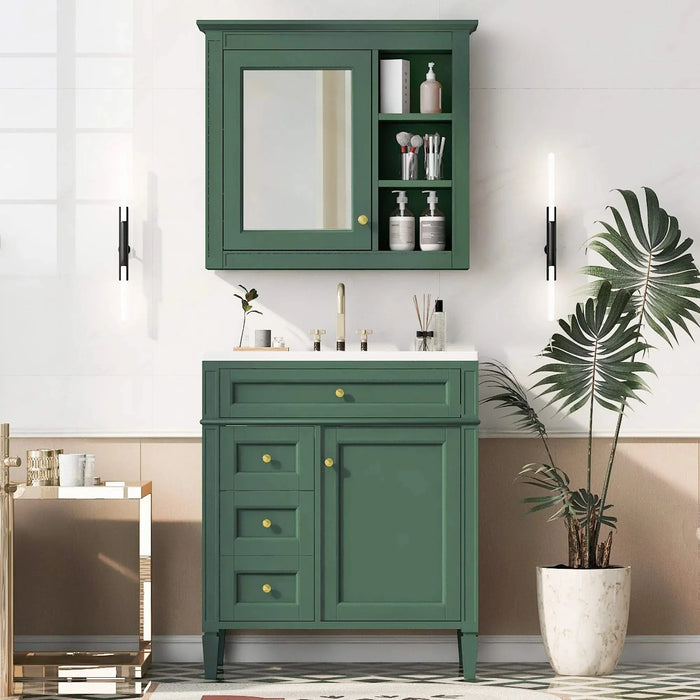 30'' Bathroom Vanity with Top Sink, Modern Bathroom Storage Cabinet with 2 Drawers and a Tip-out Drawer, Freestanding Vanity Set with Mirror Cabinet, Single Sink Bathroom Vanity (Same as SW000126AAF) Default -DTYStore