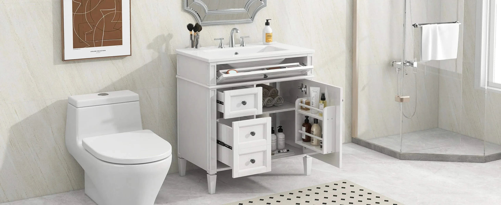 30'' Bathroom Vanity with Top Sink, Modern Bathroom Storage Cabinet with 2 Drawers and a Tip-out Drawer, Single Sink Bathroom Vanity Default -DTYStore