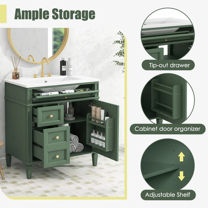 30'' Bathroom Vanity with Top Sink, Modern Bathroom Storage Cabinet with 2 Drawers and a Tip-out Drawer, Single Sink Bathroom Vanity Default -DTYStore
