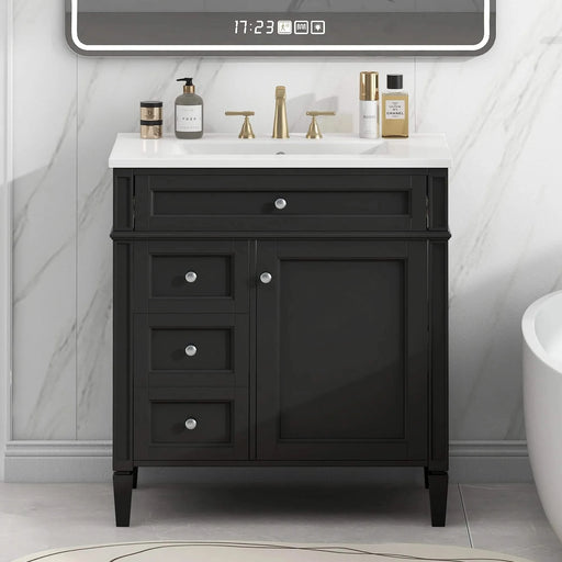 30'' Bathroom Vanity with Top Sink, Modern Bathroom Storage Cabinet with 2 Drawers and a Tip-out Drawer, Single Sink Bathroom Vanity Default -DTYStore