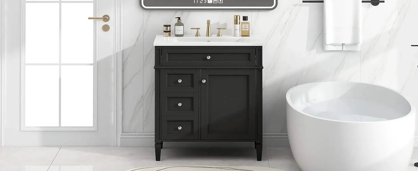 30'' Bathroom Vanity with Top Sink, Modern Bathroom Storage Cabinet with 2 Drawers and a Tip-out Drawer, Single Sink Bathroom Vanity Default -DTYStore