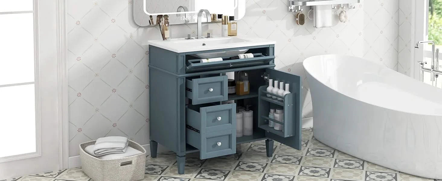 30'' Bathroom Vanity with Top Sink, Modern Bathroom Storage Cabinet with 2 Drawers and a Tip-out Drawer, Single Sink Bathroom Vanity Default -DTYStore