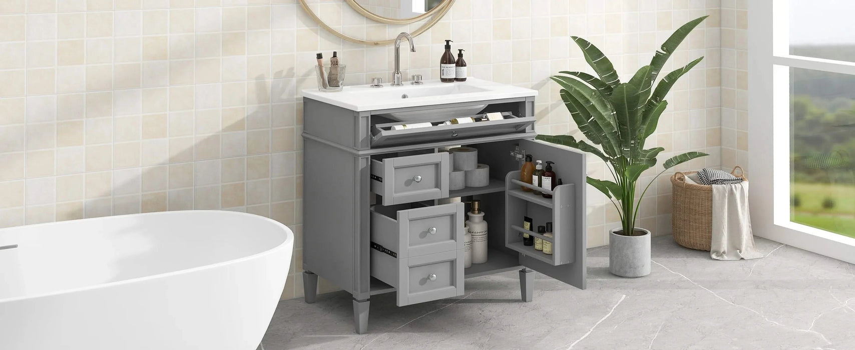 30'' Bathroom Vanity with Top Sink, Modern Bathroom Storage Cabinet with 2 Drawers and a Tip-out Drawer, Single Sink Bathroom Vanity Default -DTYStore