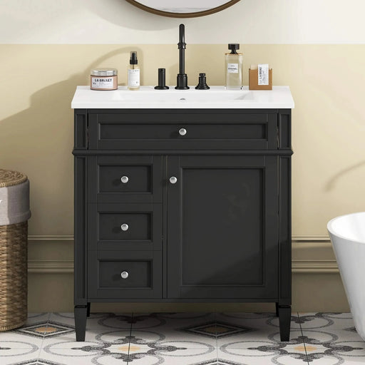 30'' Bathroom Vanity with Top Sink, Modern Bathroom Storage Cabinet with 2 Drawers and a Tip-out Drawer, Single Sink Bathroom Vanity Default -DTYStore