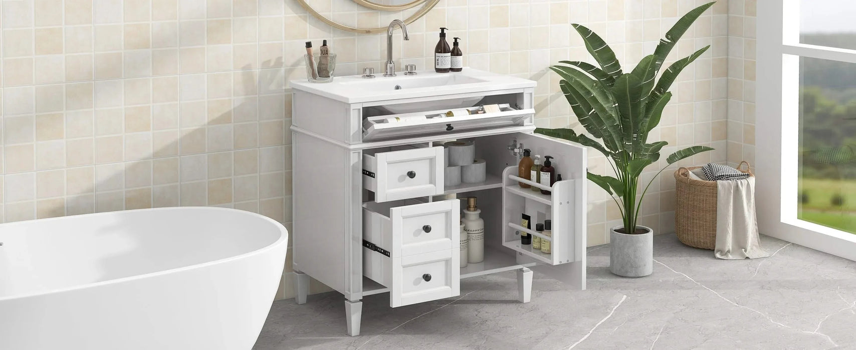 30'' Bathroom Vanity with Top Sink, Modern Bathroom Storage Cabinet with 2 Drawers and a Tip-out Drawer, Single Sink Bathroom Vanity Default -DTYStore