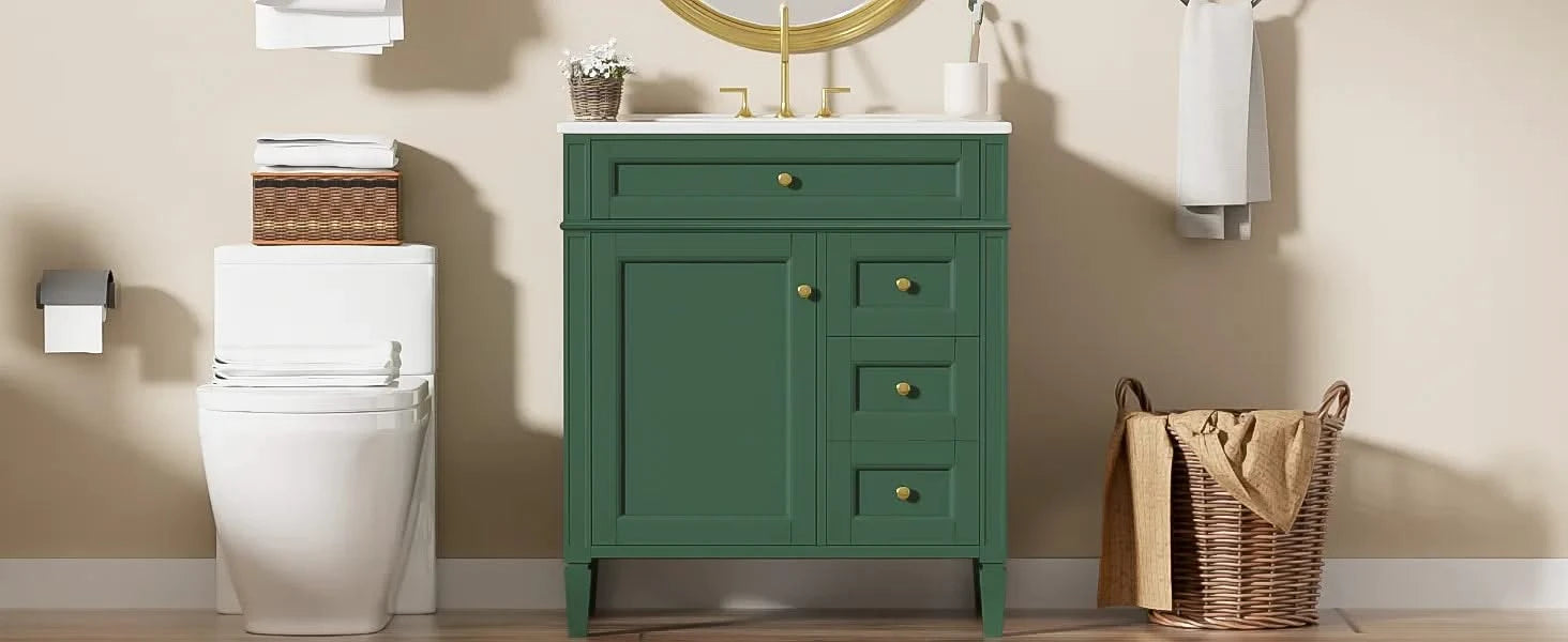 30'' Bathroom Vanity with Top Sink, Modern Bathroom Storage Cabinet with 2 Drawers and a Tip-out Drawer, Single Sink Bathroom Vanity Default -DTYStore