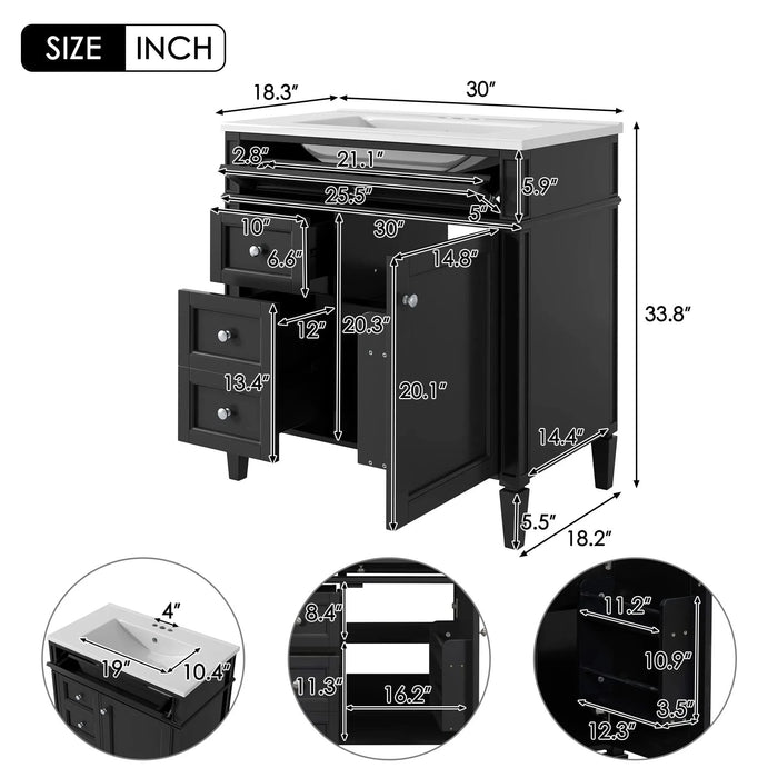 30'' Bathroom Vanity with Top Sink, Modern Bathroom Storage Cabinet with 2 Drawers and a Tip-out Drawer, Single Sink Bathroom Vanity Default -DTYStore