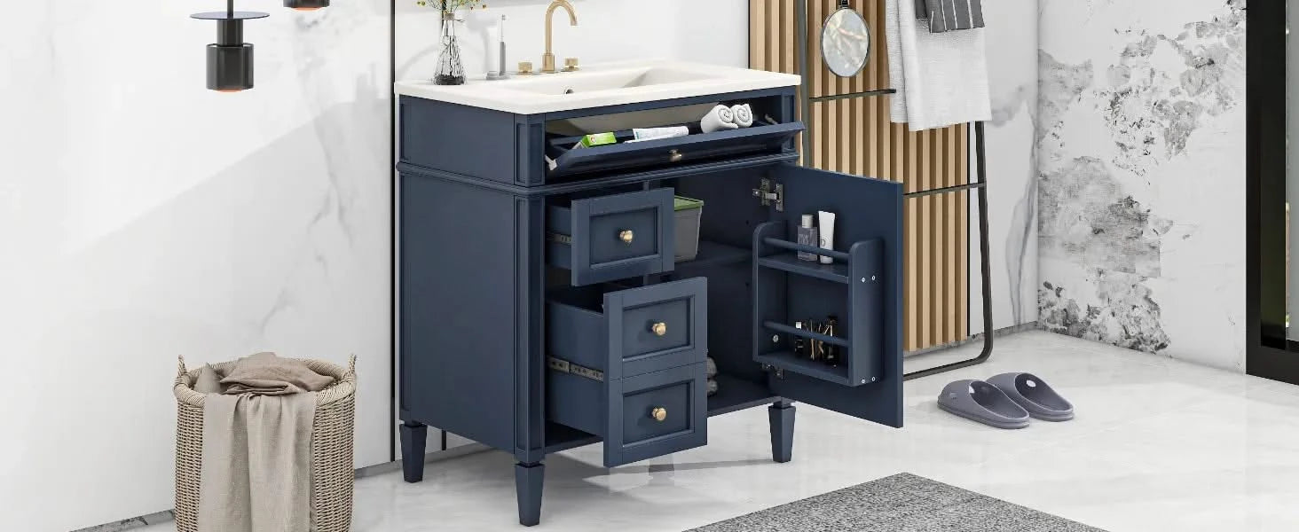 30'' Bathroom Vanity with Top Sink, Modern Bathroom Storage Cabinet with 2 Drawers and a Tip-out Drawer, Single Sink Bathroom Vanity Default -DTYStore