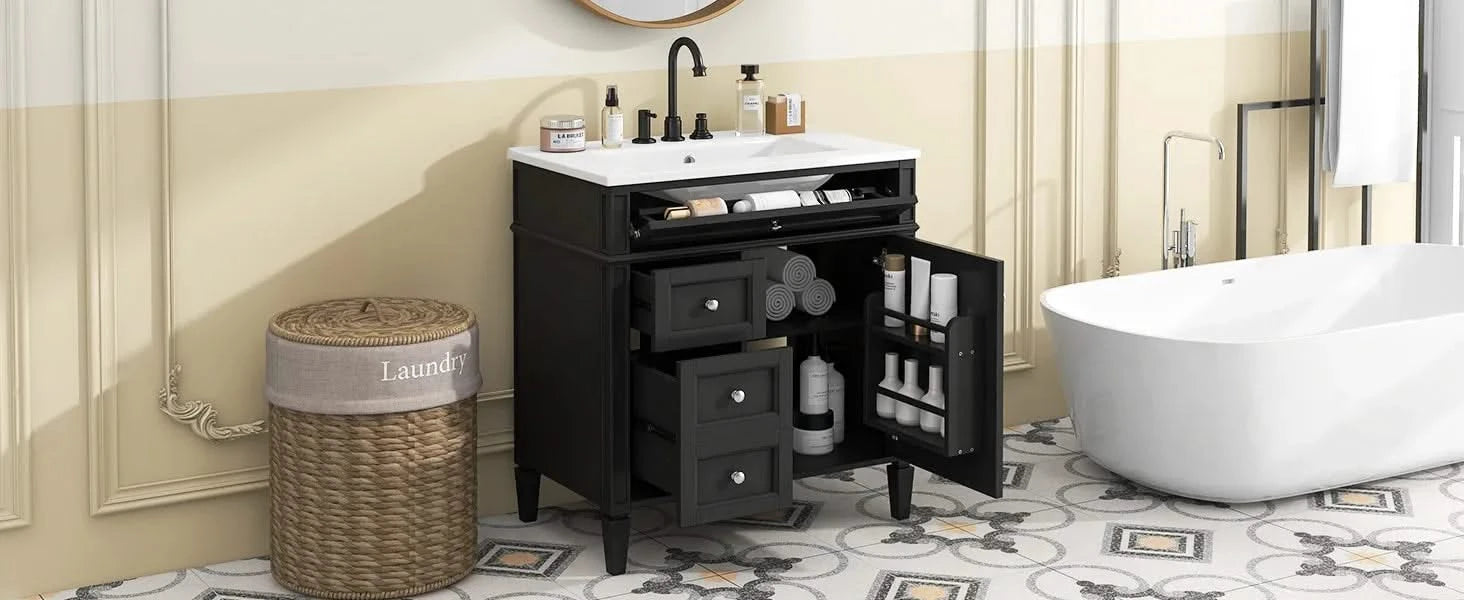 30'' Bathroom Vanity with Top Sink, Modern Bathroom Storage Cabinet with 2 Drawers and a Tip-out Drawer, Single Sink Bathroom Vanity Default -DTYStore
