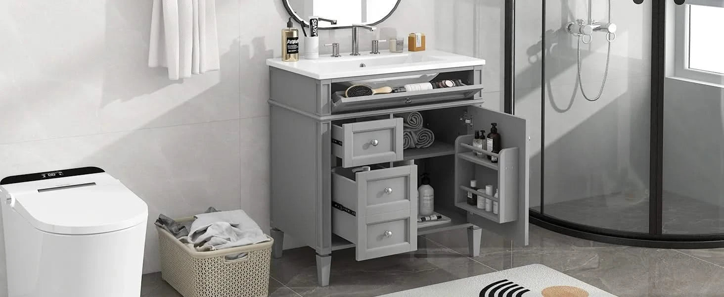 30'' Bathroom Vanity with Top Sink, Modern Bathroom Storage Cabinet with 2 Drawers and a Tip-out Drawer, Single Sink Bathroom Vanity Default -DTYStore