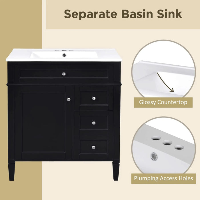 30'' Bathroom Vanity with Top Sink, Modern Bathroom Storage Cabinet with 2 Drawers and a Tip-out Drawer, Single Sink Bathroom Vanity Default -DTYStore