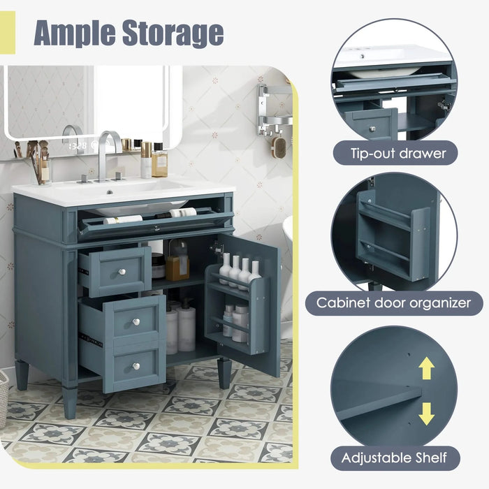 30'' Bathroom Vanity with Top Sink, Modern Bathroom Storage Cabinet with 2 Drawers and a Tip-out Drawer, Single Sink Bathroom Vanity Default -DTYStore