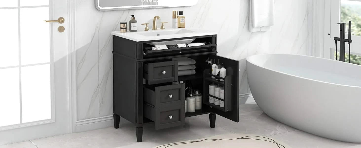 30'' Bathroom Vanity with Top Sink, Modern Bathroom Storage Cabinet with 2 Drawers and a Tip-out Drawer, Single Sink Bathroom Vanity Default -DTYStore