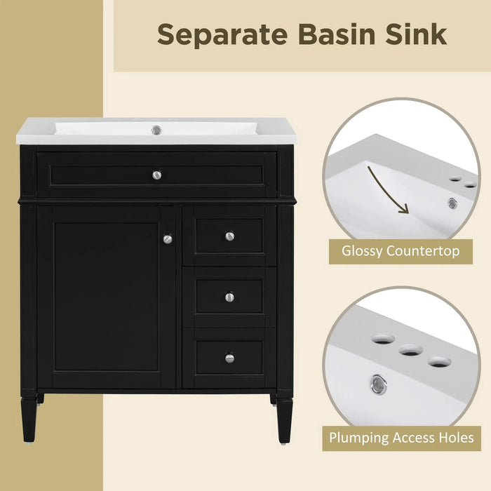 30'' Bathroom Vanity with Top Sink, Modern Bathroom Storage Cabinet with 2 Drawers and a Tip-out Drawer, Single Sink Bathroom Vanity (Same as SW000122AAB) Default -DTYStore