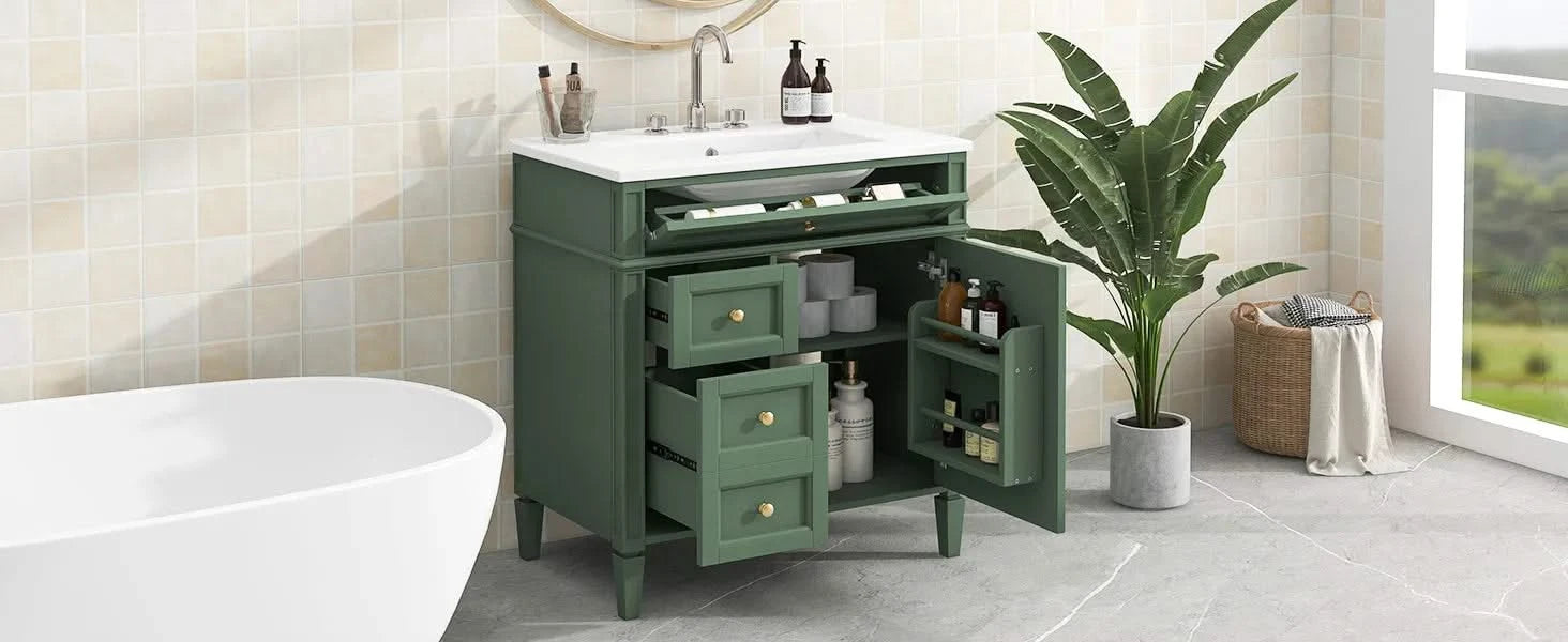 30'' Bathroom Vanity with Top Sink, Modern Bathroom Storage Cabinet with 2 Drawers and a Tip-out Drawer, Single Sink Bathroom Vanity Default -DTYStore