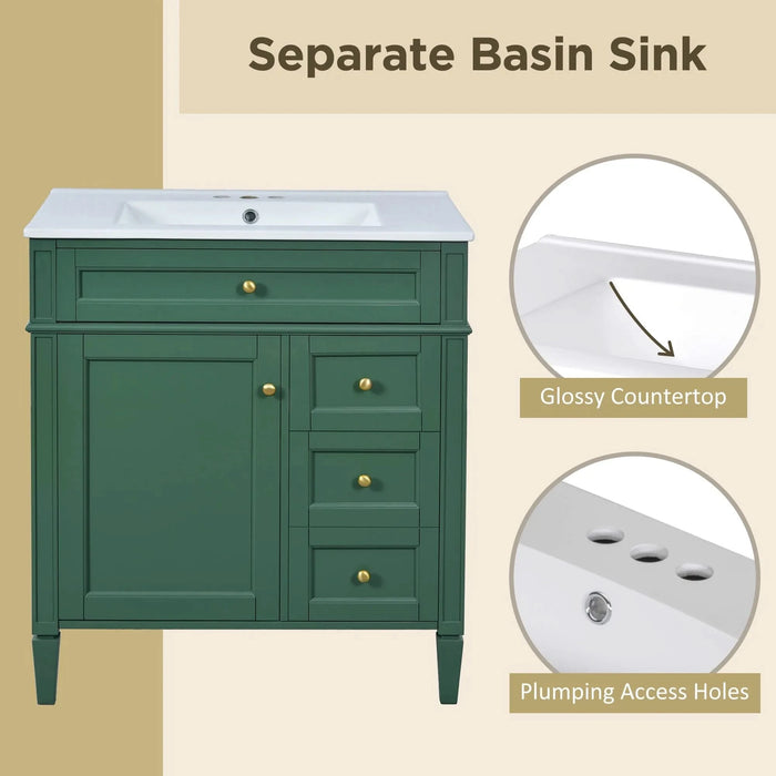 30'' Bathroom Vanity with Top Sink, Modern Bathroom Storage Cabinet with 2 Drawers and a Tip-out Drawer, Single Sink Bathroom Vanity Default -DTYStore