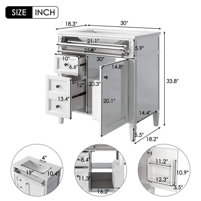 30'' Bathroom Vanity with Top Sink, Modern Bathroom Storage Cabinet with 2 Drawers and a Tip-out Drawer, Single Sink Bathroom Vanity Default -DTYStore