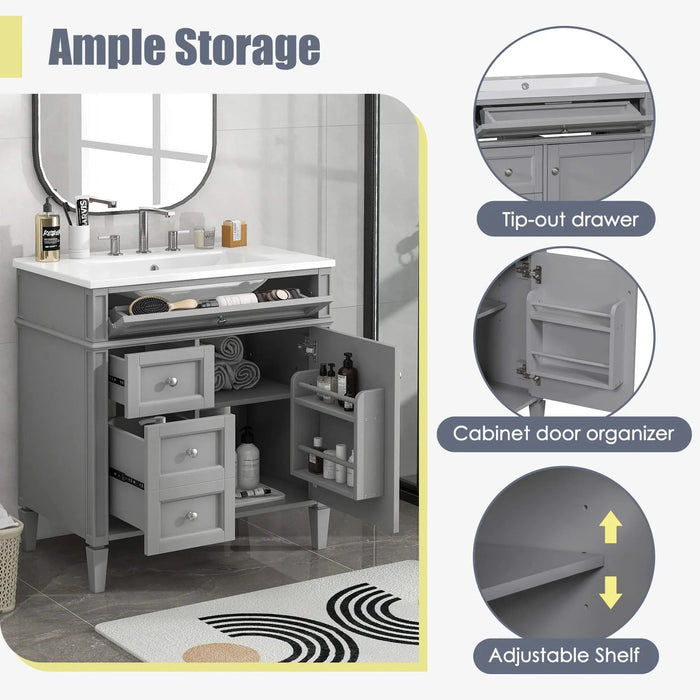 30'' Bathroom Vanity with Top Sink, Modern Bathroom Storage Cabinet with 2 Drawers and a Tip-out Drawer, Single Sink Bathroom Vanity Default -DTYStore