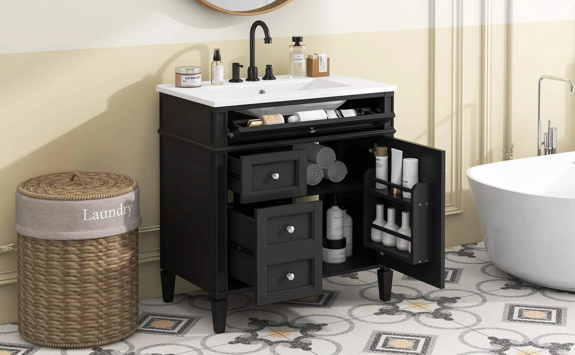 30'' Bathroom Vanity with Top Sink, Modern Bathroom Storage Cabinet with 2 Drawers and a Tip-out Drawer, Single Sink Bathroom Vanity Default -DTYStore