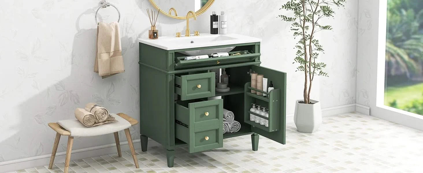 30'' Bathroom Vanity with Top Sink, Modern Bathroom Storage Cabinet with 2 Drawers and a Tip-out Drawer, Single Sink Bathroom Vanity Default -DTYStore