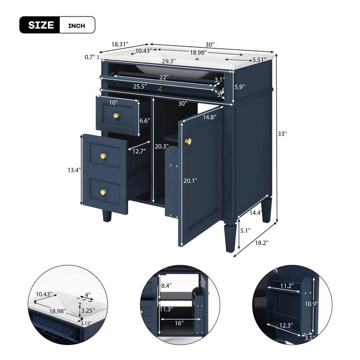 30'' Bathroom Vanity with Top Sink, Modern Bathroom Storage Cabinet with 2 Drawers and a Tip-out Drawer, Single Sink Bathroom Vanity Default -DTYStore