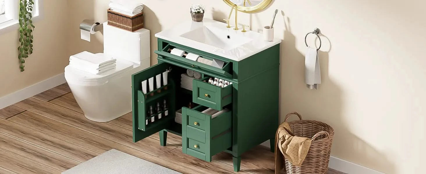 30'' Bathroom Vanity with Top Sink, Modern Bathroom Storage Cabinet with 2 Drawers and a Tip-out Drawer, Single Sink Bathroom Vanity Default -DTYStore