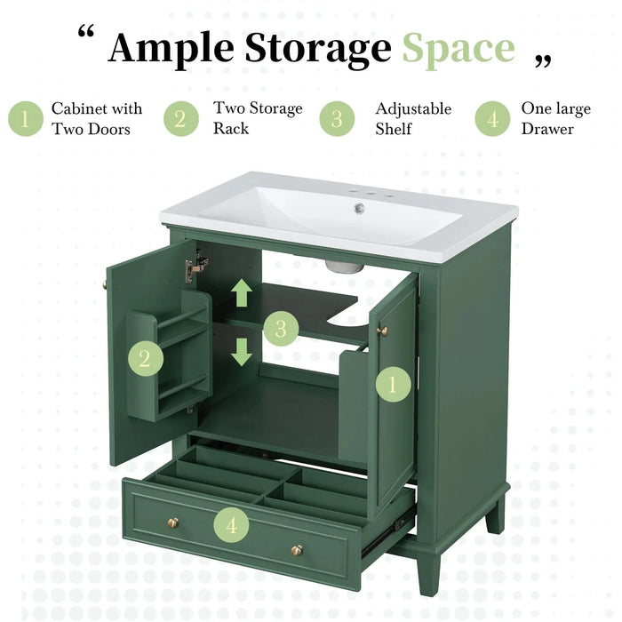 30' Bathroom Vanity without Sink, Base Only, Multi-functional Bathroom Cabinet with Doors and Drawer, Solid Frame and MDF Board, Dark Green Default -DTYStore